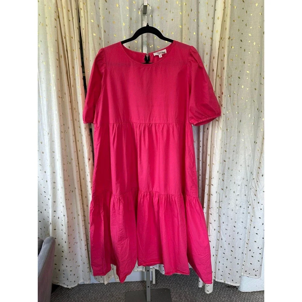 Peter Som Collective 100% Cotton Pink Puff Sleeve Poplin Tiered Midi Dress 14